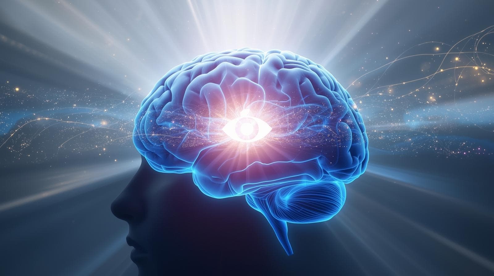 تصویری هنری از غده پینه آل و چشم سوم درخشان در مرکز مغز