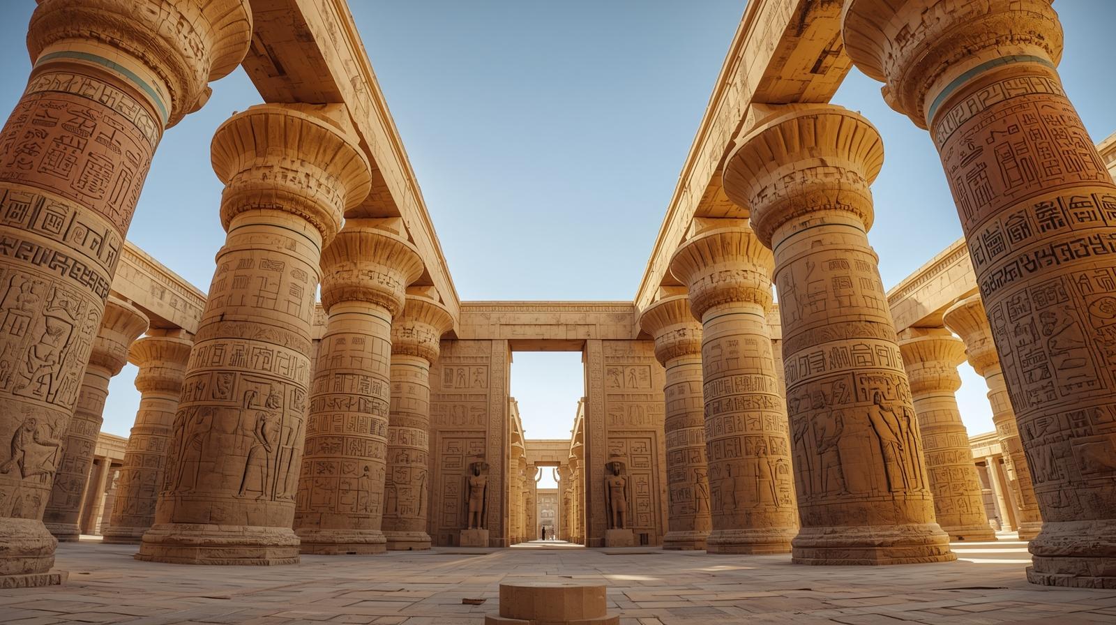 نمای داخلی معبد ادفو که به هوروس اختصاص دارد، با ستونهای عظیم و کتیبههای هیروگلیف
