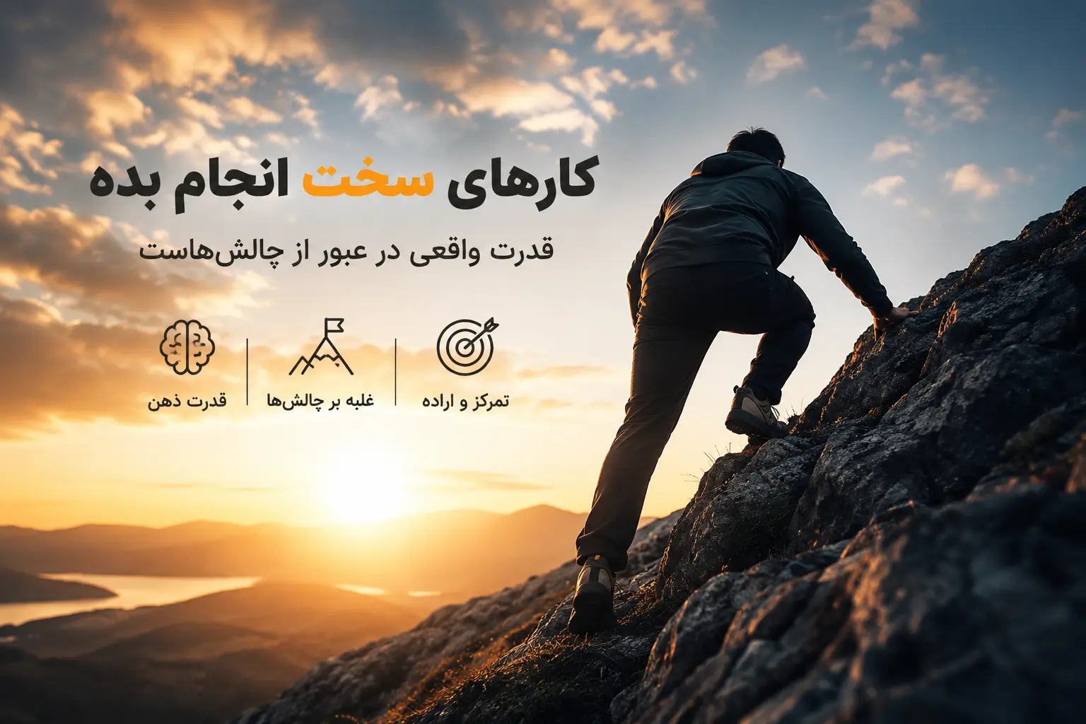 فردی در حال صعود از صخره نمادی از غلبه بر چالشها، قدرت ذهن و تابآوری
