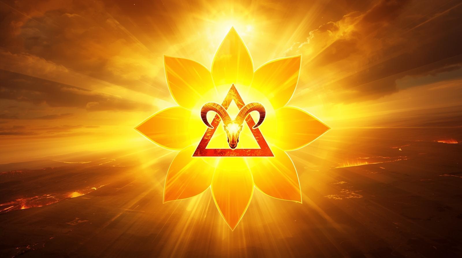 نماد چاکرای شبکه خورشیدی مانیپورا با لوتوس ده پر زرد و مثلث وارونه