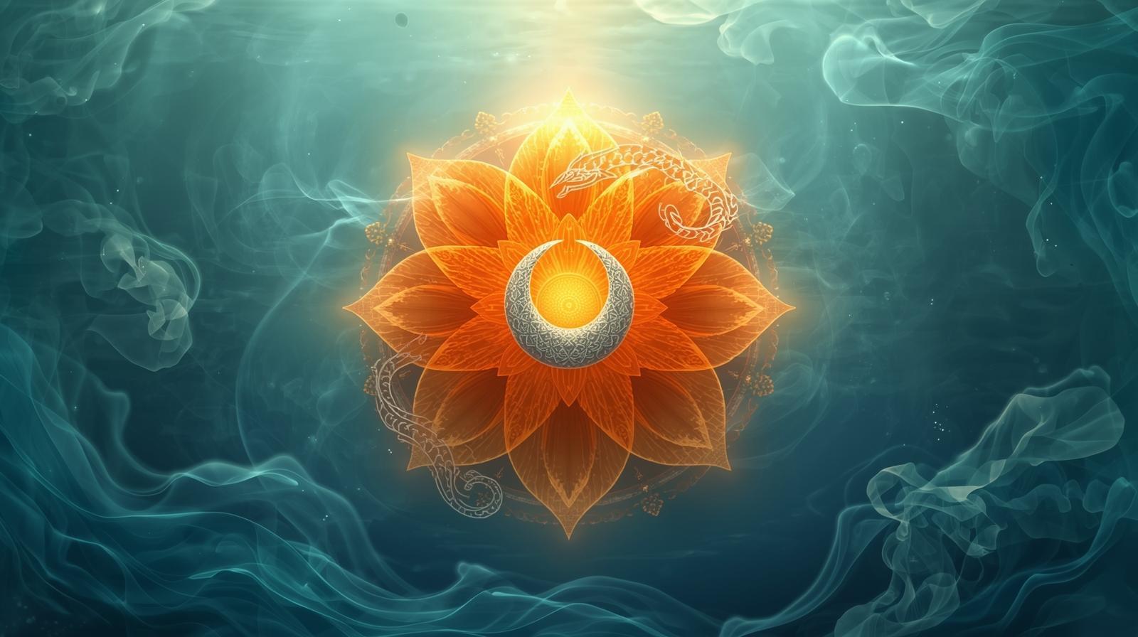 نماد چاکرای خاجی سوادهیستانا با لوتوس شش پر نارنجی و هلال ماه