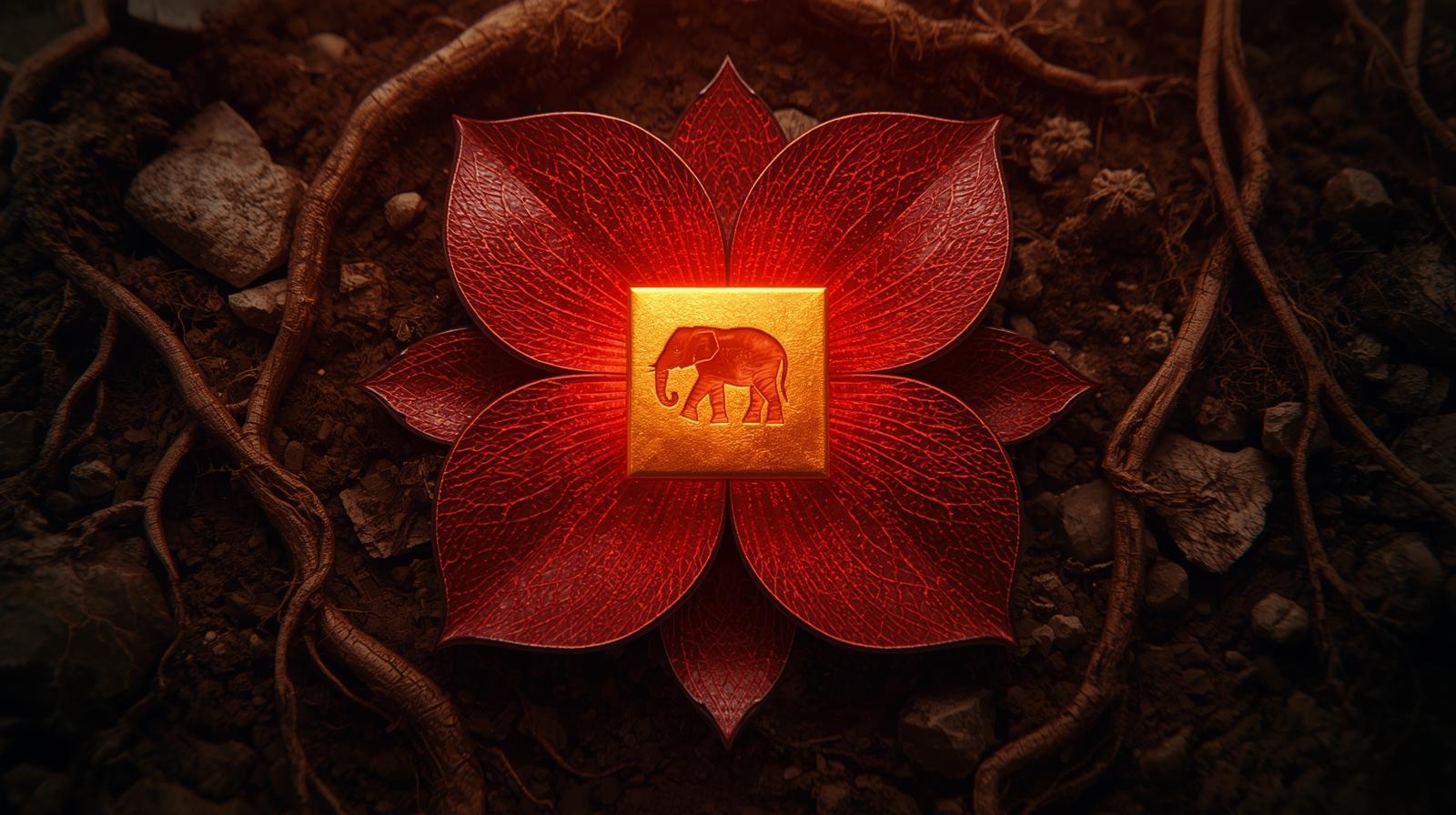 نماد چاکرای ریشه مولادهارا با لوتوس چهار پر قرمز و مربع زرد در مرکز