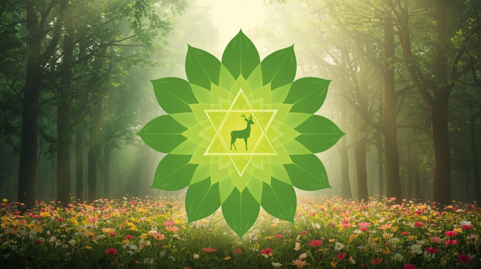 نماد چاکرای قلب آناهاتا با لوتوس دوازده پر سبز و ستاره شش پر