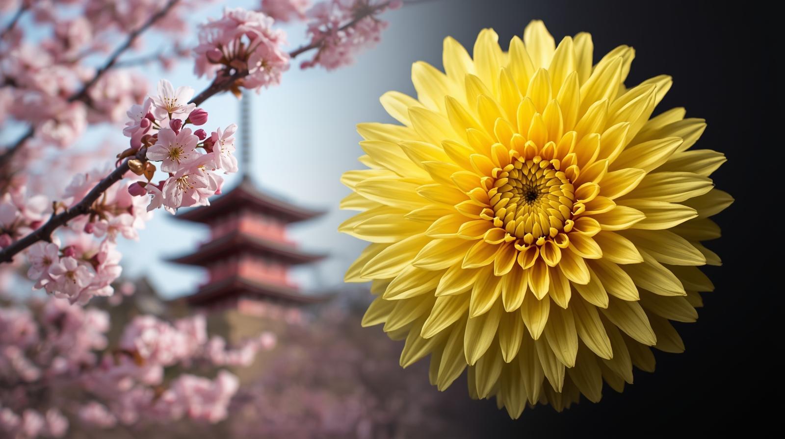 تصویر ترکیبی از شکوفه های صورتی ساکورا و گل زرد داوودی ژاپن