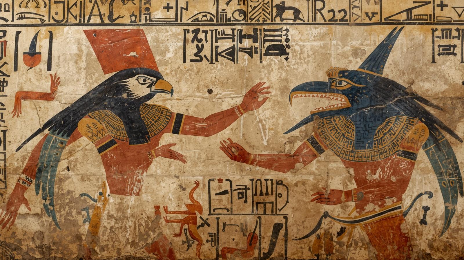 نقاشی دیواری باستانی از نبرد هوروس و ست که به عنوان نمادهای نظم و آشوب در برابر هم قرار گرفتهاند